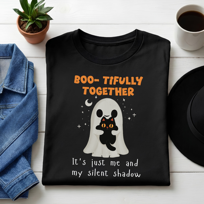 Unisex Classic Crew Tee- Halloween Cat Lover Graphic Tee - Cute Ghost & Black Cat Apparel