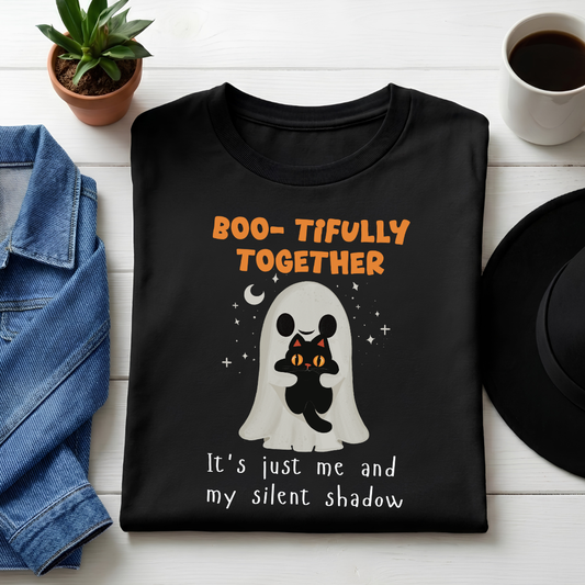 Unisex Classic Crew Tee- Halloween Cat Lover Graphic Tee - Cute Ghost & Black Cat Apparel