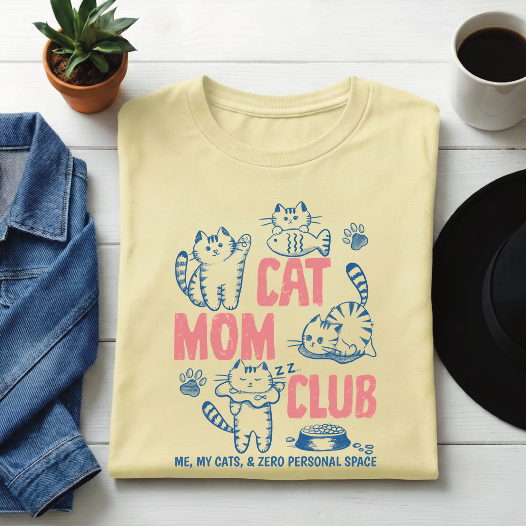 Classic Crew T-Cat Mom Club Graphic Printed /Casual T-Shirt for Women