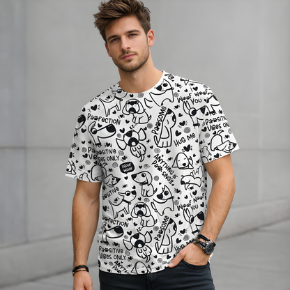 Unisex Crew Neck T-Shirt - Cute Dog Doodle Print  T-Shirt | Paw-sitive Vibes Only Cotton Tee for Adults | Funny Puppy Graphic All-Over Print.