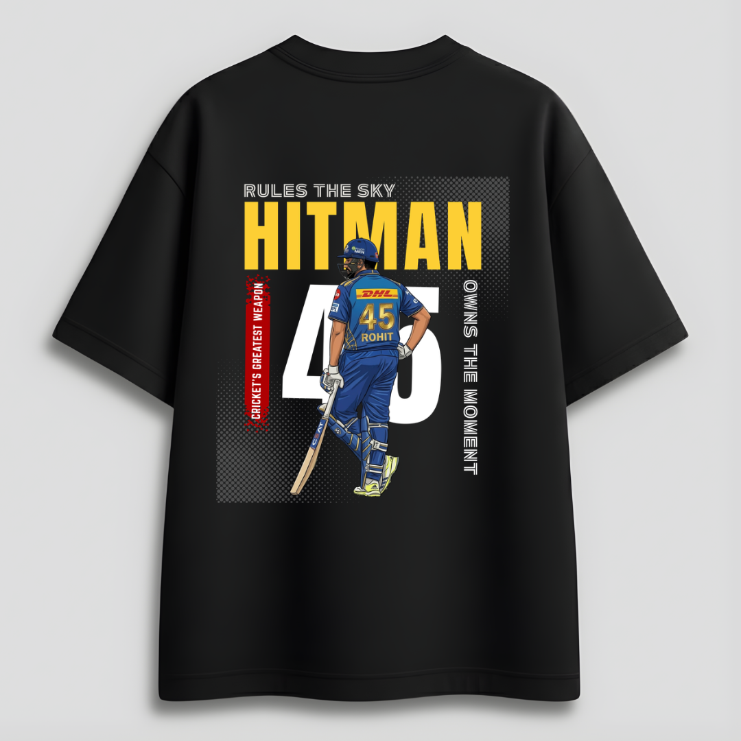 Front view of Hitman Rohit Sharma inspired minimalist lifestyle t-shirt for Mumbai Indians fans, IPL 2026 edition by Cocoberrys.