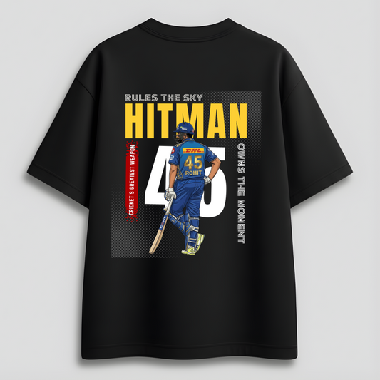 Front view of Hitman Rohit Sharma inspired minimalist lifestyle t-shirt for Mumbai Indians fans, IPL 2026 edition by Cocoberrys.