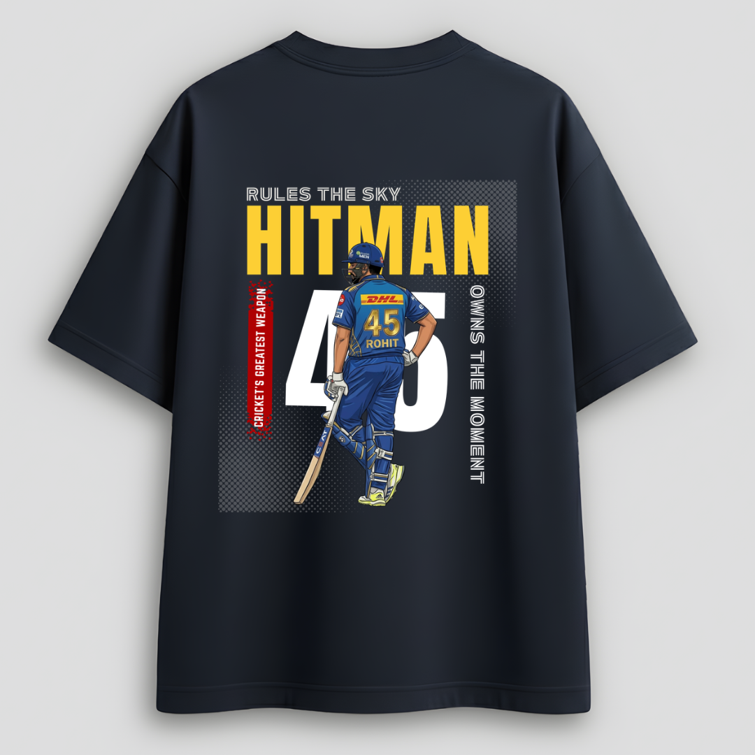 Front view of Hitman Rohit Sharma -Rohit 45-inspired minimalist lifestyle t-shirt for Mumbai Indians fans, IPL 2026 edition by Cocoberrys.