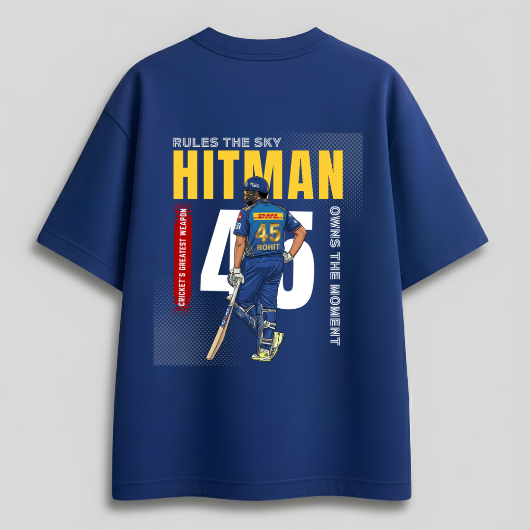 Front view of Hitman Rohit Sharma inspired  lifestyle graphic t-shirt for Mumbai Indians fans, IPL 2026 edition by Cocoberrys.
