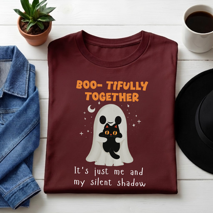 Unisex Classic Crew Tee- Halloween Cat Lover Graphic Tee - Cute Ghost & Black Cat Apparel