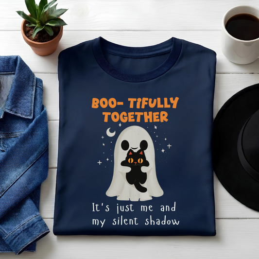 Unisex Classic Crew Tee- Halloween Cat Lover Graphic Tee - Cute Ghost & Black Cat Apparel