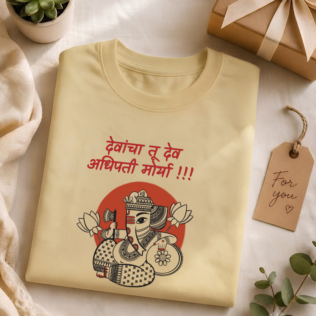 Unisex Crew Neck T-Shirt - Ganpati Bappa Devancha Tu Dev T-Shirt | Ganesh Chaturthi White Cotton Tee for Adults | Traditional Ganesha Art Print.