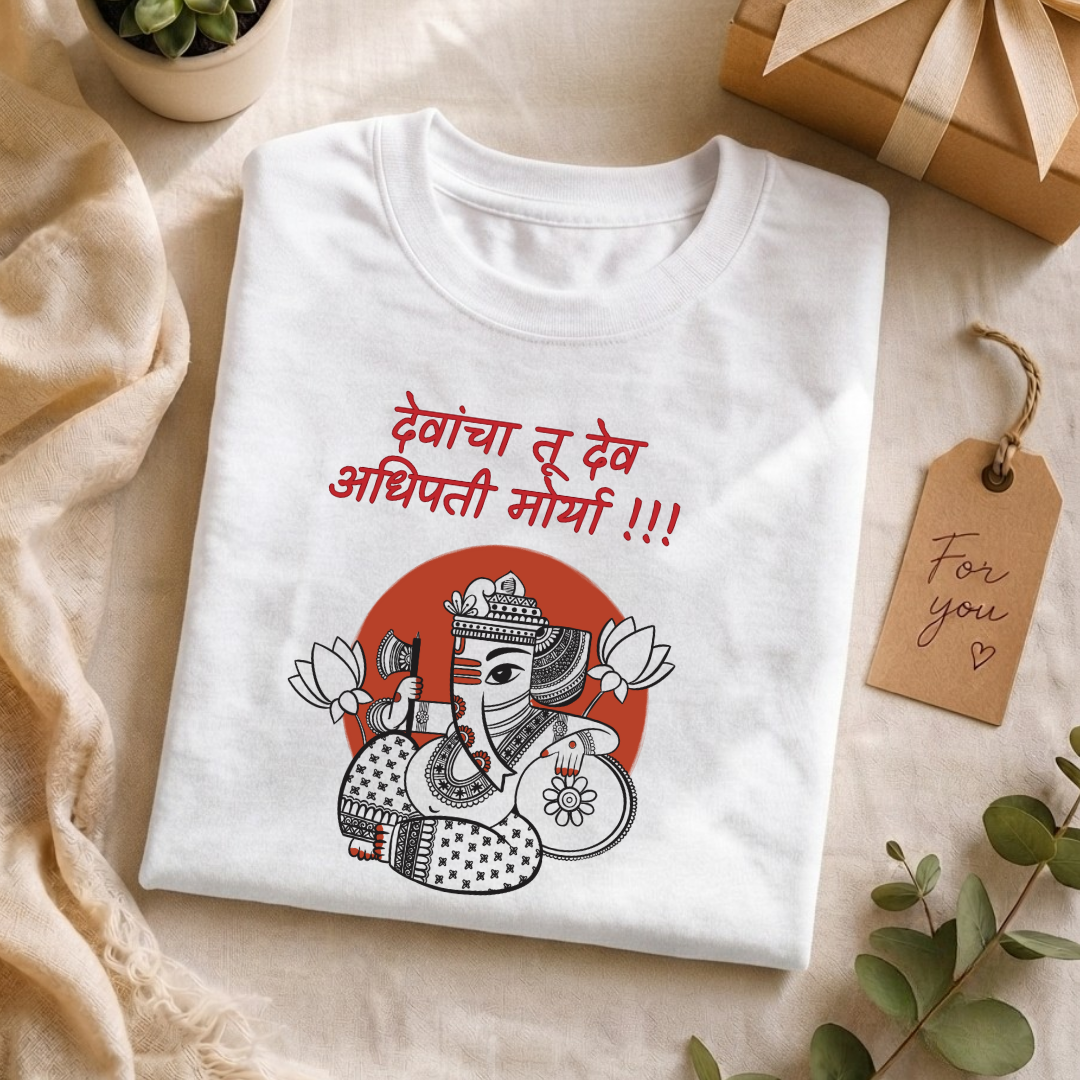 Unisex Crew Neck T-Shirt - Ganpati Bappa Devancha Tu Dev T-Shirt | Ganesh Chaturthi White Cotton Tee for Adults | Traditional Ganesha Art Print.