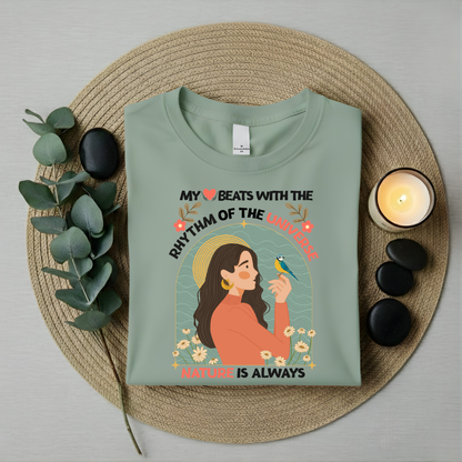Cocoberrys Rhythm T-shirt - Artistic Girl with Bird Minimalist Graphic Design for Women