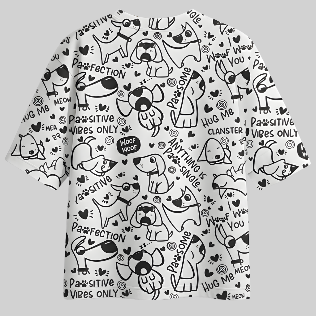Unisex Crew Neck T-Shirt - Cute Dog Doodle Print  T-Shirt | Paw-sitive Vibes Only Cotton Tee for Adults | Funny Puppy Graphic All-Over Print.