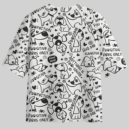 Unisex Crew Neck T-Shirt - Cute Dog Doodle Print  T-Shirt | Paw-sitive Vibes Only Cotton Tee for Adults | Funny Puppy Graphic All-Over Print.
