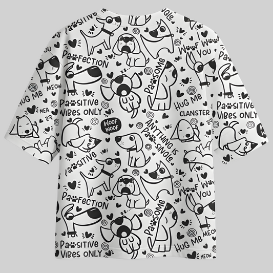 Unisex Crew Neck T-Shirt - Cute Dog Doodle Print  T-Shirt | Paw-sitive Vibes Only Cotton Tee for Adults | Funny Puppy Graphic All-Over Print.