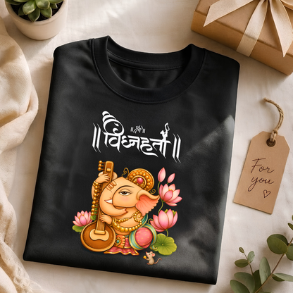 Lord Ganesha Vighnaharta Printed T-Shirt | Divine Music & Lotus unisex crew neck Graphic Tee