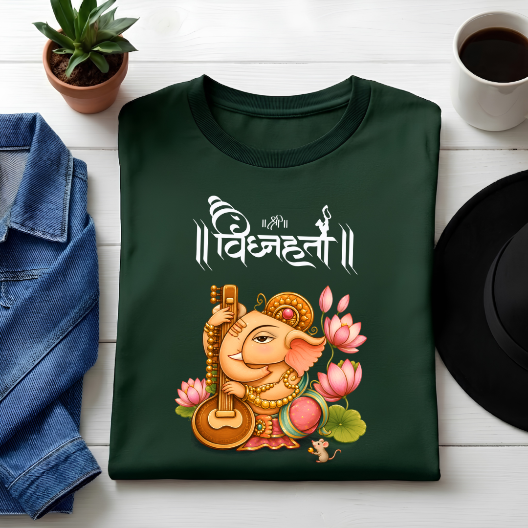 Lord Ganesha Vighnaharta Printed T-Shirt | Divine Music & Lotus unisex crew neck Graphic Tee