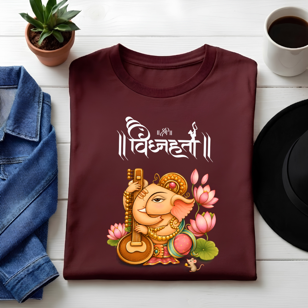 Lord Ganesha Vighnaharta Printed T-Shirt | Divine Music & Lotus unisex crew neck Graphic Tee
