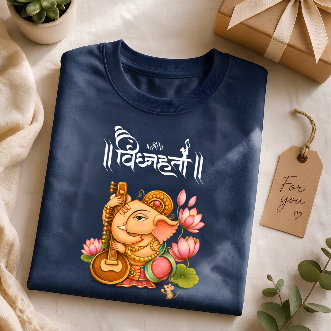 Lord Ganesha Vighnaharta Printed T-Shirt | Divine Music & Lotus unisex crew neck Graphic Tee
