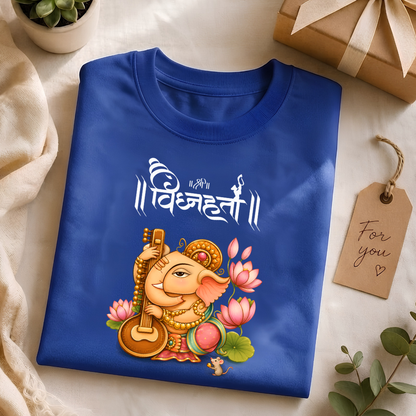 Lord Ganesha Vighnaharta Printed T-Shirt | Divine Music & Lotus unisex crew neck Graphic Tee