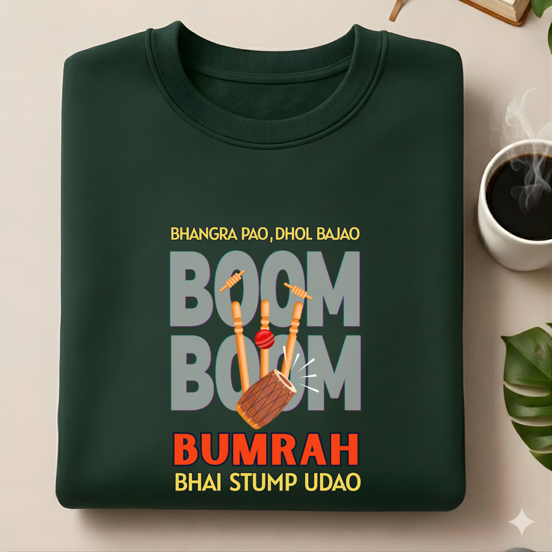 Front view of Cocoberrys Boom edition premium cotton t-shirt for Jasprit Bumrah and Mumbai Indians fans, inspired by the world's best yorker bowler.