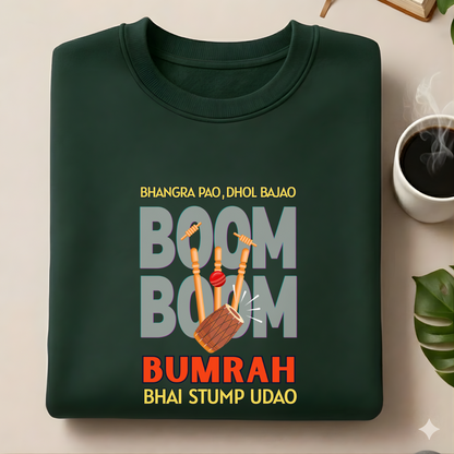 Front view of Cocoberrys Boom edition premium cotton t-shirt for Jasprit Bumrah and Mumbai Indians fans, inspired by the world's best yorker bowler.