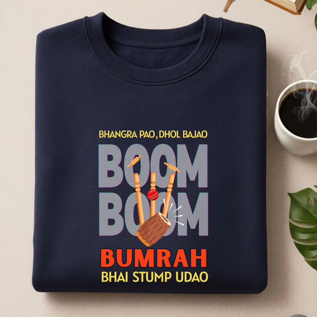 Front view of Cocoberrys Boom edition premium cotton t-shirt for Jasprit Bumrah and Mumbai Indians fans, inspired by the world's best yorker bowler.