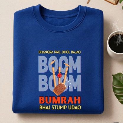 Front view of Cocoberrys Boom edition premium cotton t-shirt for Jasprit Bumrah and Mumbai Indians fans, inspired by the world's best yorker bowler.