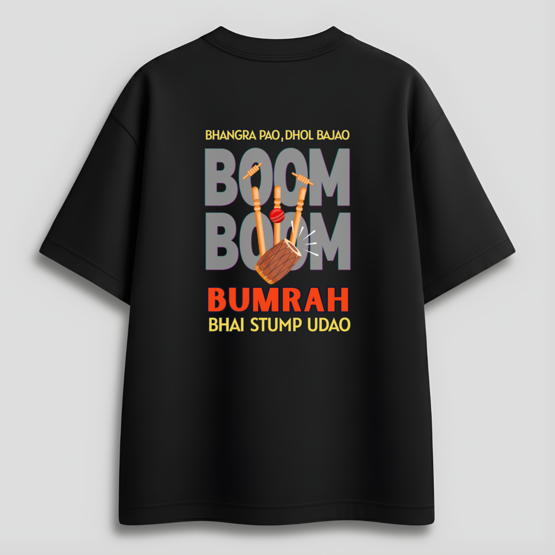 Front view of Cocoberrys Boom edition premium cotton t-shirt for Jasprit Bumrah and Mumbai Indians fans, inspired by the world's best yorker bowler.