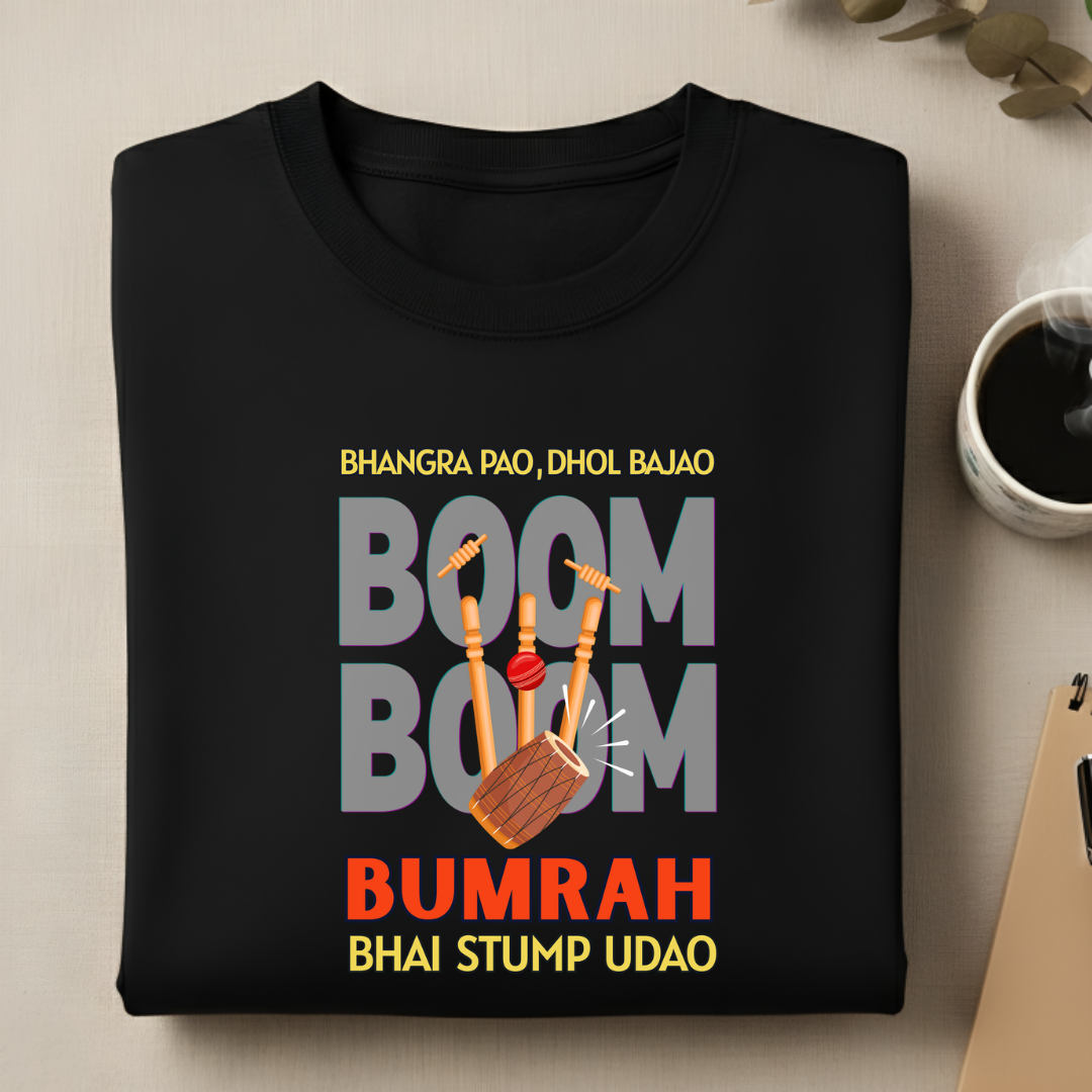 Front view of Cocoberrys Boom edition premium cotton t-shirt for Jasprit Bumrah and Mumbai Indians fans, inspired by the world's best yorker bowler.