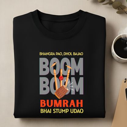 Front view of Cocoberrys Boom edition premium cotton t-shirt for Jasprit Bumrah and Mumbai Indians fans, inspired by the world's best yorker bowler.